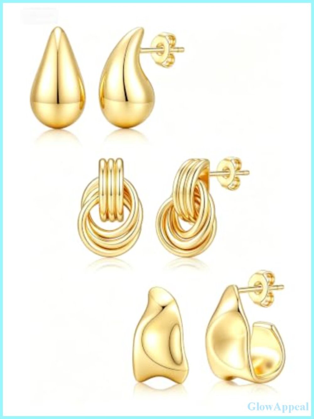 Gold Plated Chunky Stud Earrings Set Hypoallergenic 3 Pack Statement Jewelry